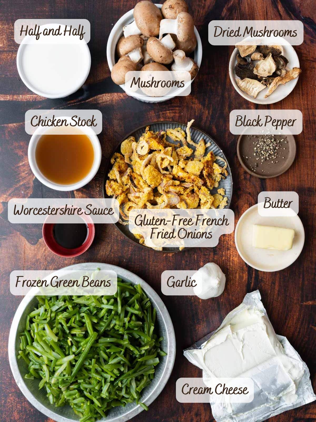 Various labeled ingredients for a Gluten-Free Green Bean Casserole are arranged on a wooden surface, including green beans, mushrooms, cream cheese, butter, and spices.