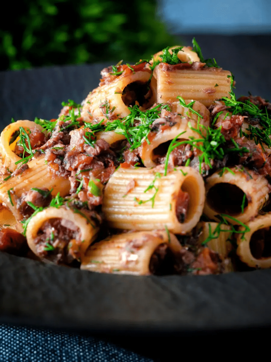 Sardine pasta with Bolognese sauce.