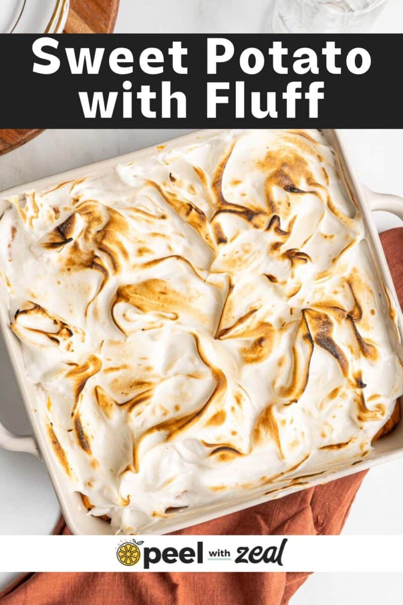 Marshmallow sweet potato fluff in a baking dish.