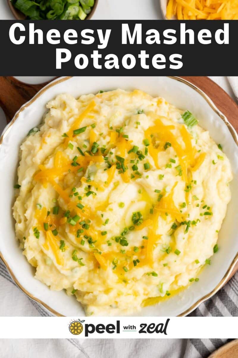 Mashed potatoes with cheese in a bowl.