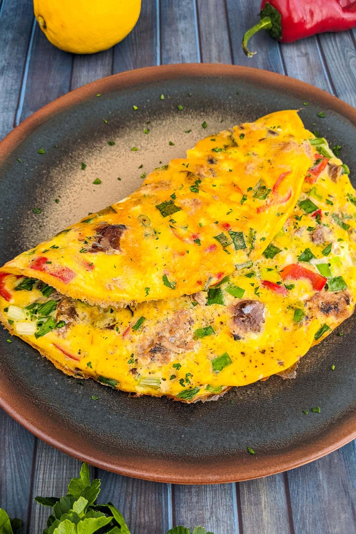 Sardine omelet on a fancy plate.