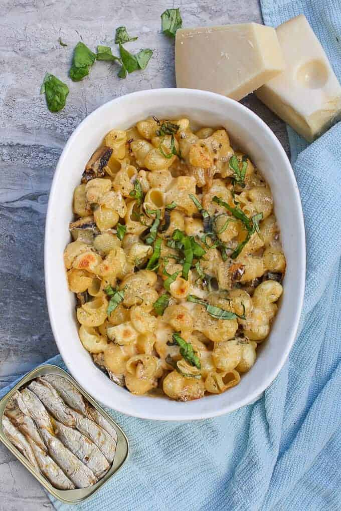 Sardine mac and cheese in a baking dish.