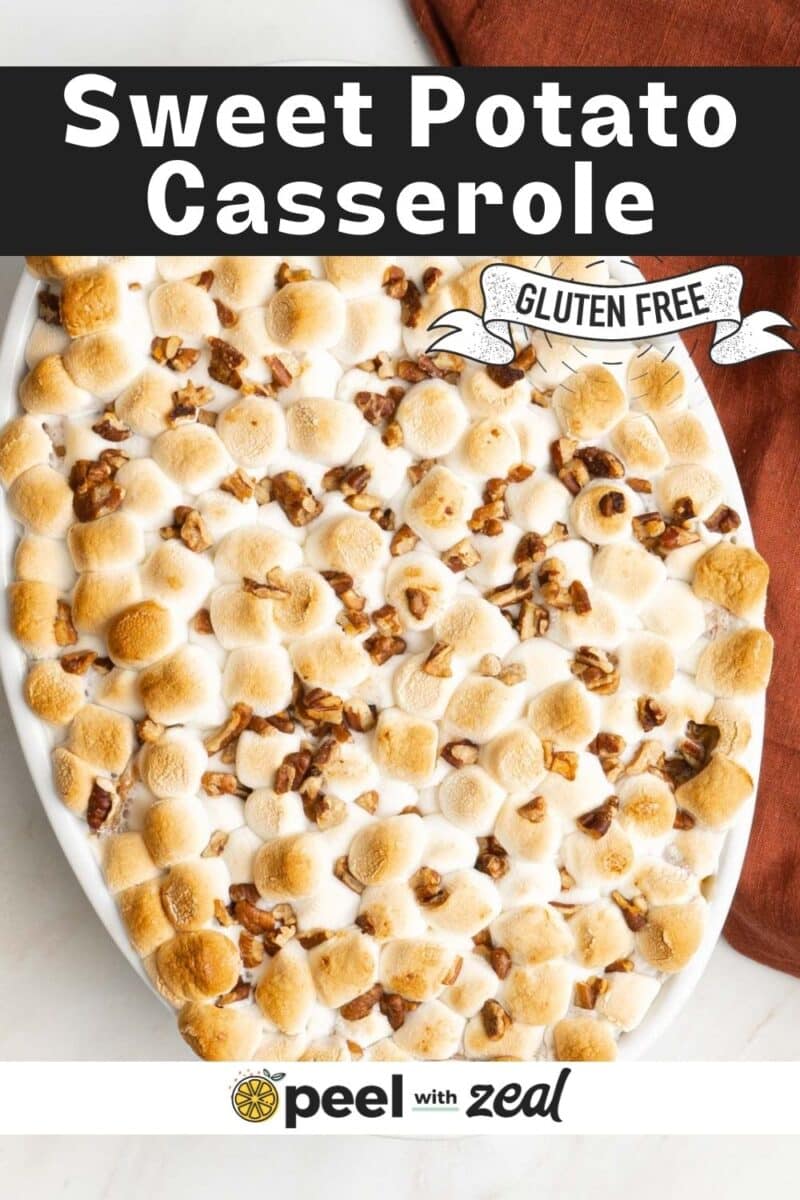 Gluten-free sweet potato casserole topped with pecans and mini marshmallows.