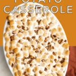 Sweet potato casserole topped with mini marshmallows.