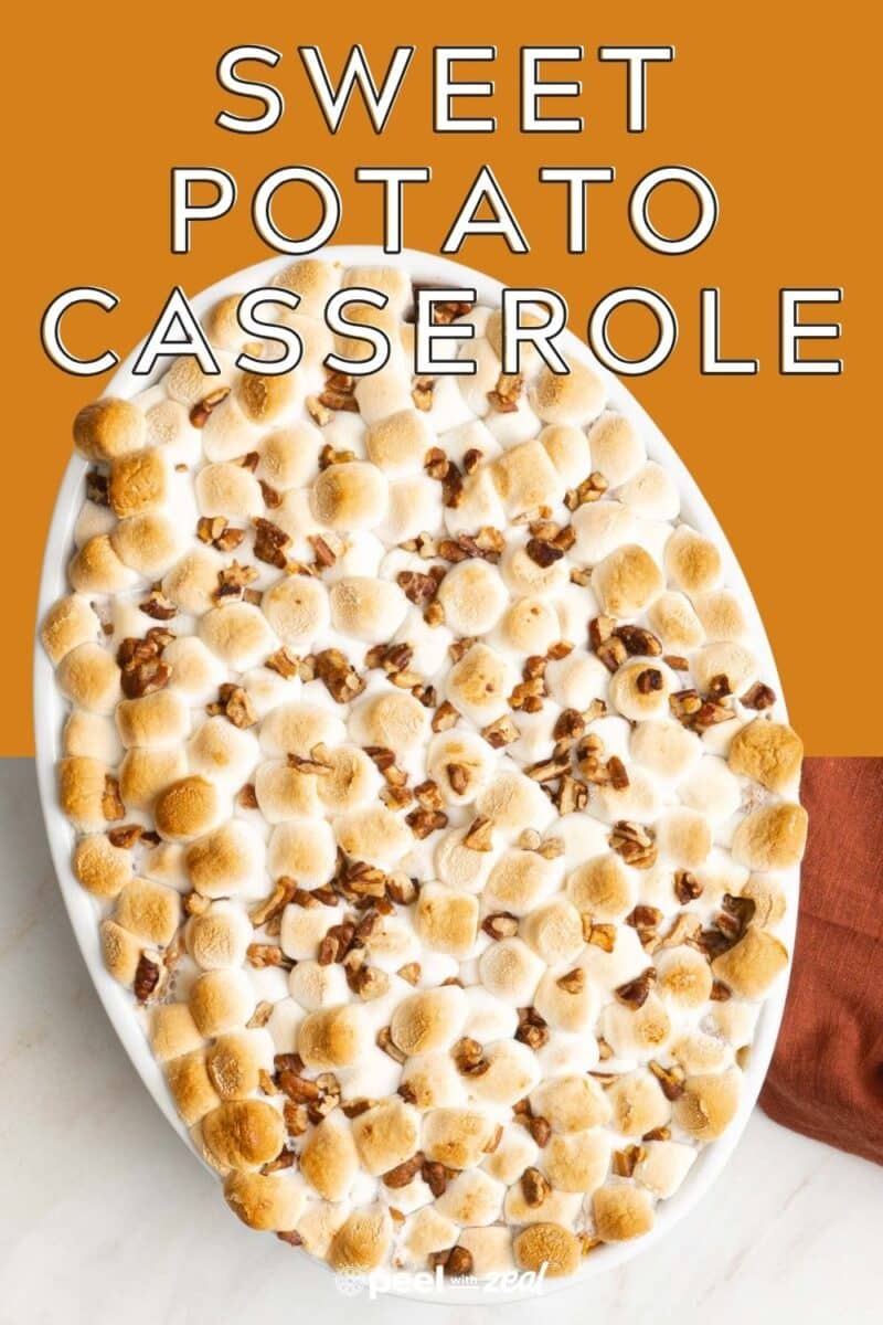 Sweet potato casserole topped with mini marshmallows.