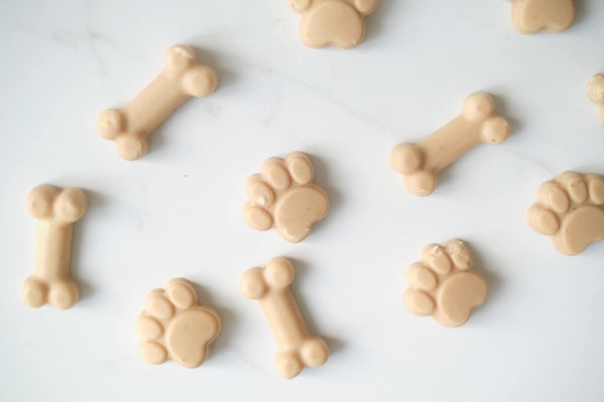 Frozen peanut butter kefir dog treats on top of a white surface.