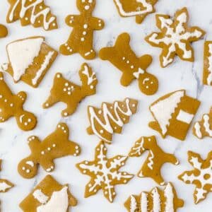 Gluten-free gingerbread cookies on a countertop.