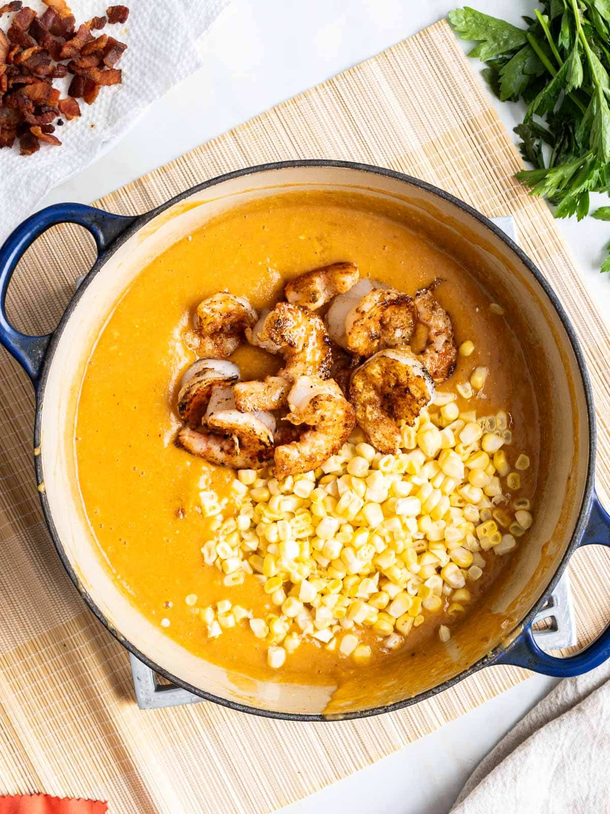 Pureed soup with shrimp and corn.