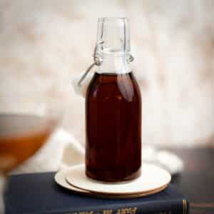 Brown sugar syrup in a bottle.