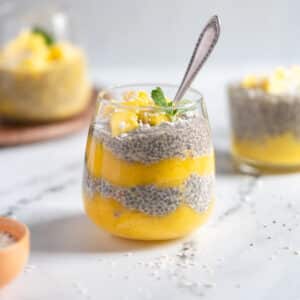 Chia seed pudding with mango in a glass.