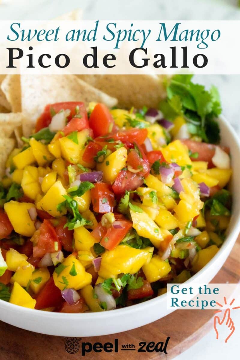 Savor the vibrant flavors of sweet and spicy mango pico de gallo, featuring diced mango, tomato, onion, and cilantro. Perfectly paired with crispy tortilla chips. Tempt your taste buds—get the recipe now!.