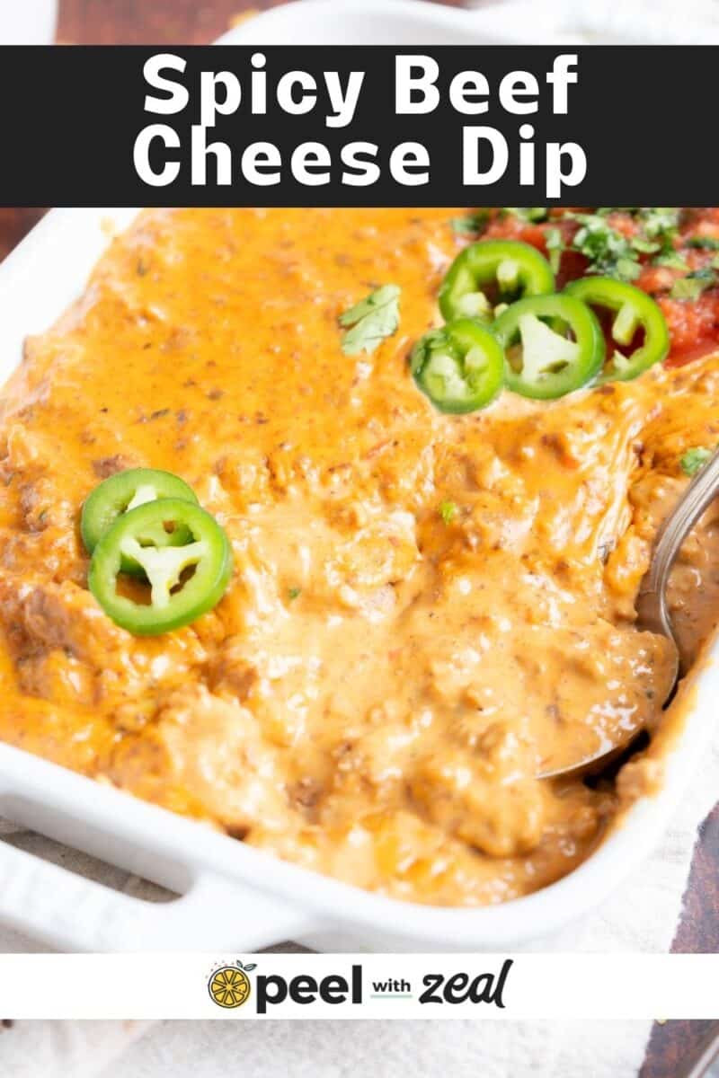 Cheesy beef dip in a dish.