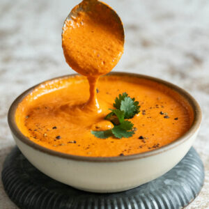 Red pepper cream in a bowl.