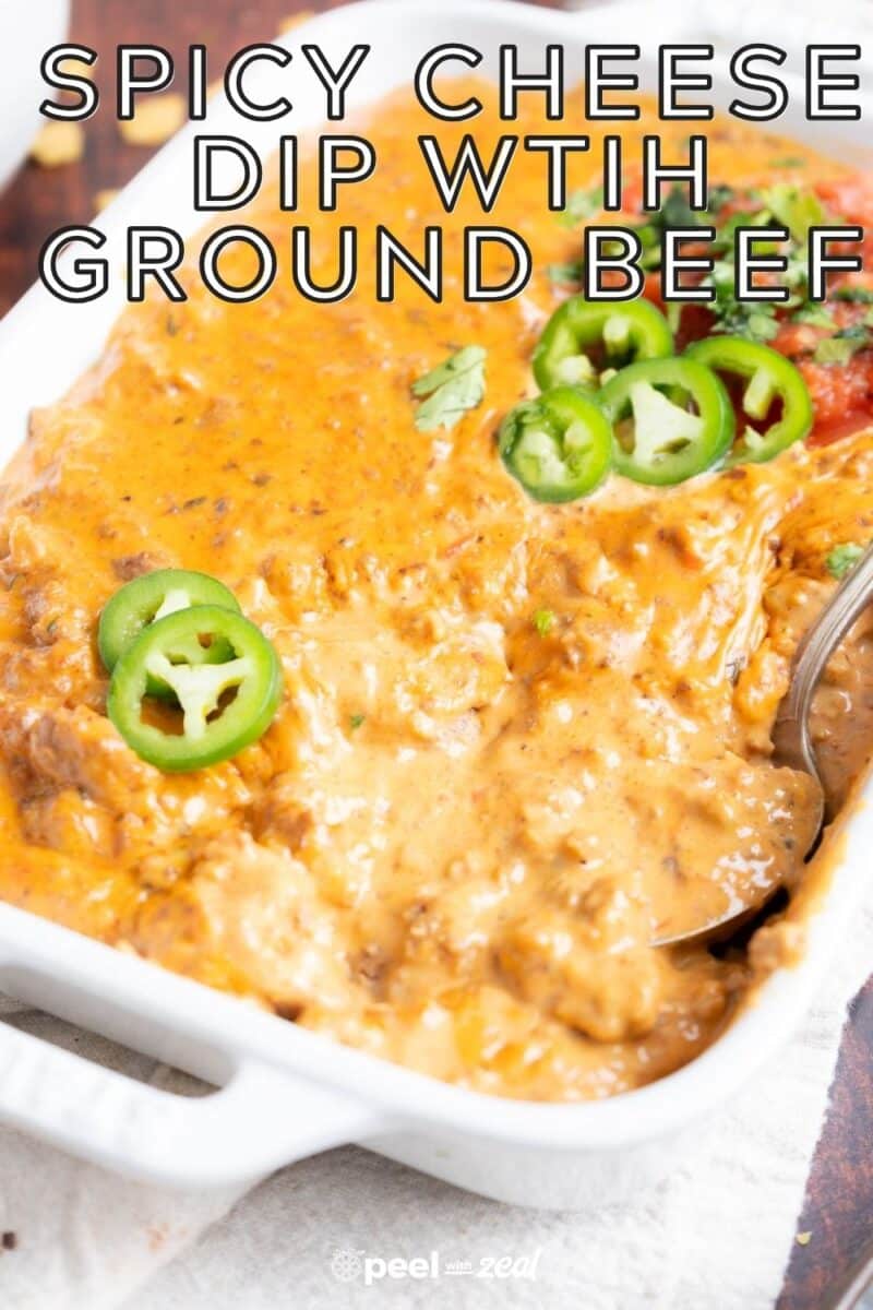Cheesy ground beef dip in a dish.