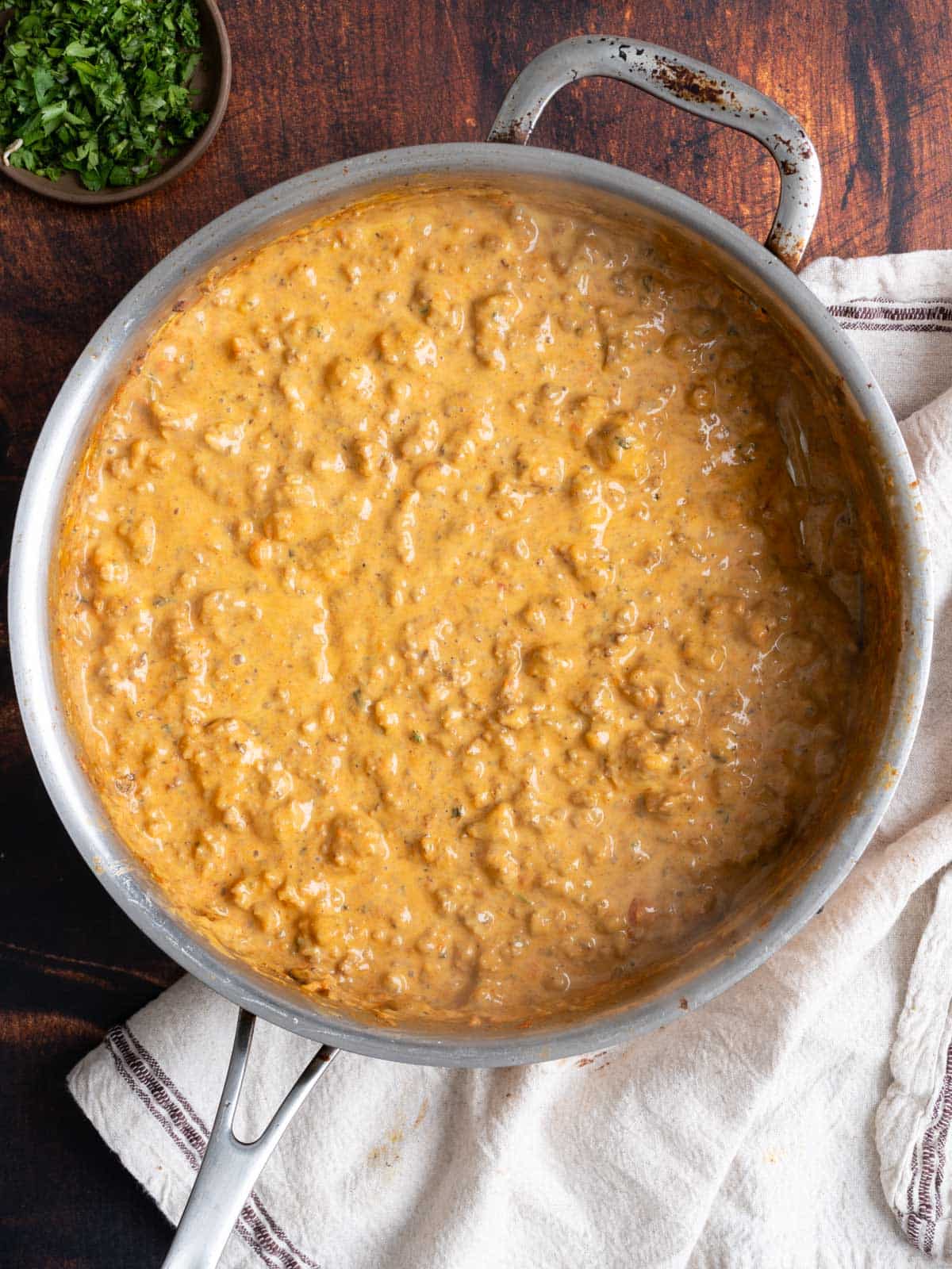 Hamburger cheese dip in a pot.