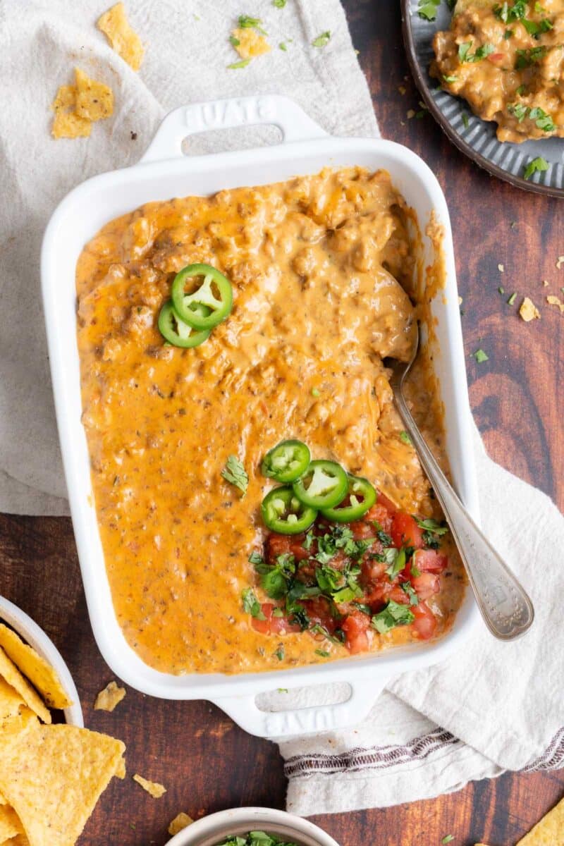 Hamburger cheese dip in a dish.
