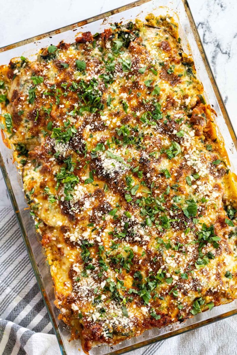 Lasagna with melted cheese on top.