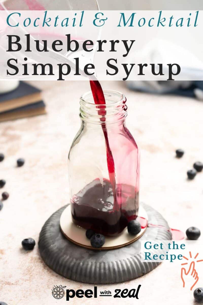 Blueberry syrup in a bottle.