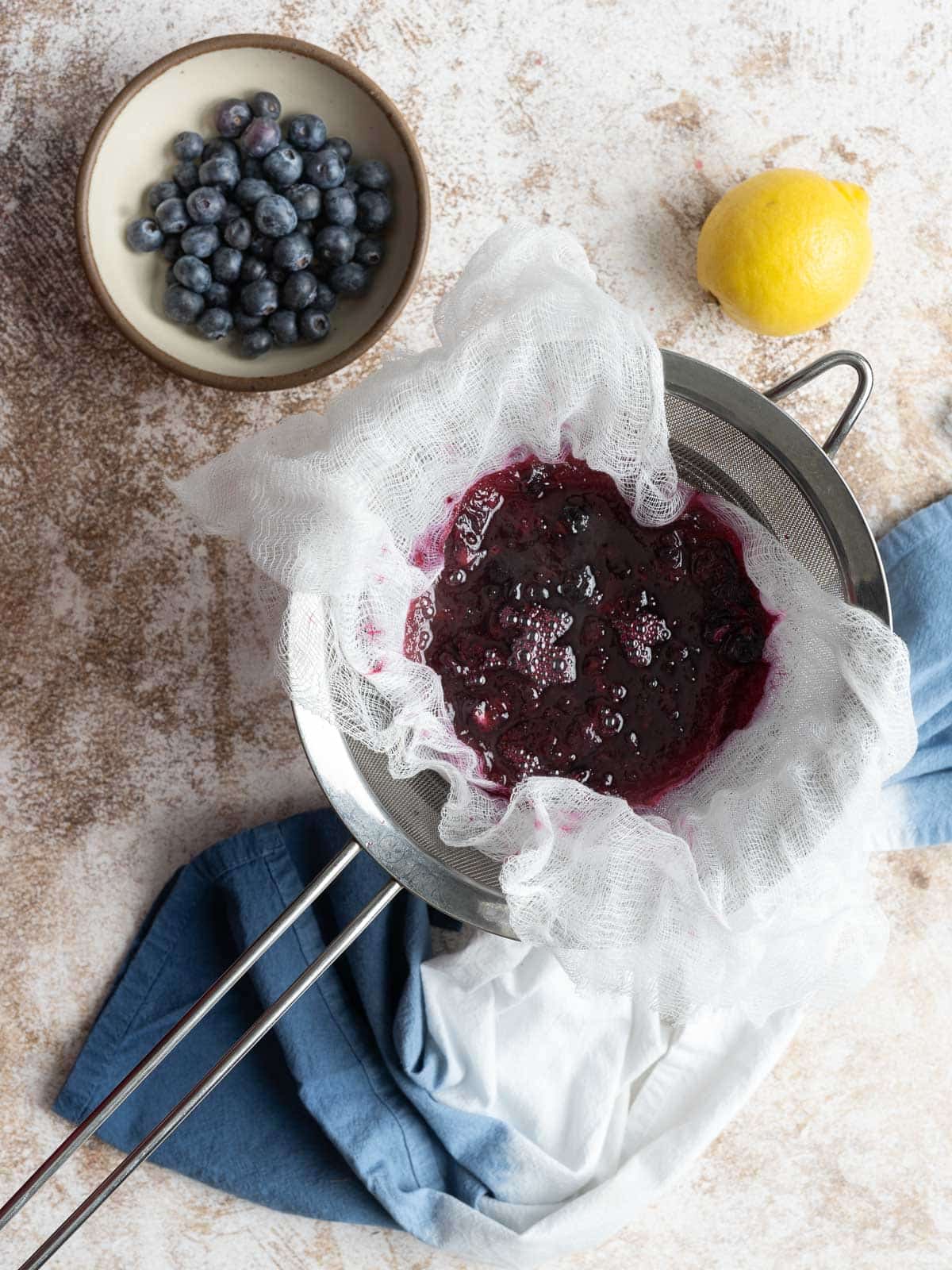 Blueberries in a strainer.