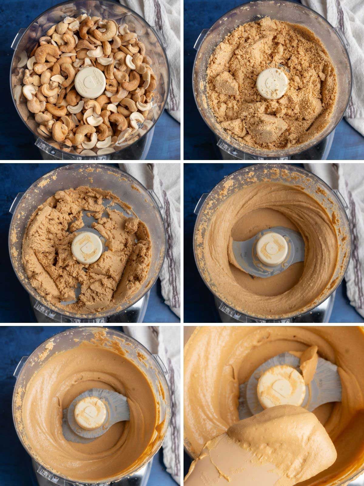 The cashews in a food processor turning to nut butter over time.
