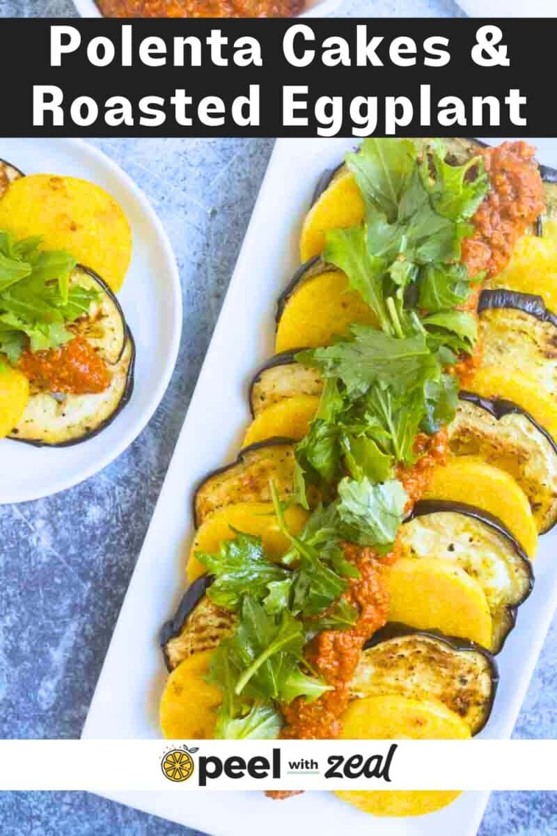 Fried polenta with eggplant on a plate.
