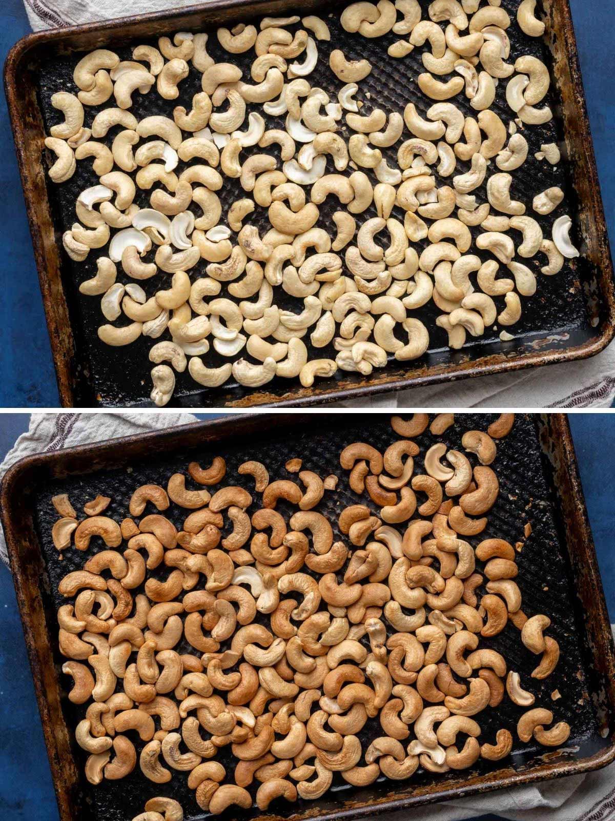 Whole cashews before and after roasting.
