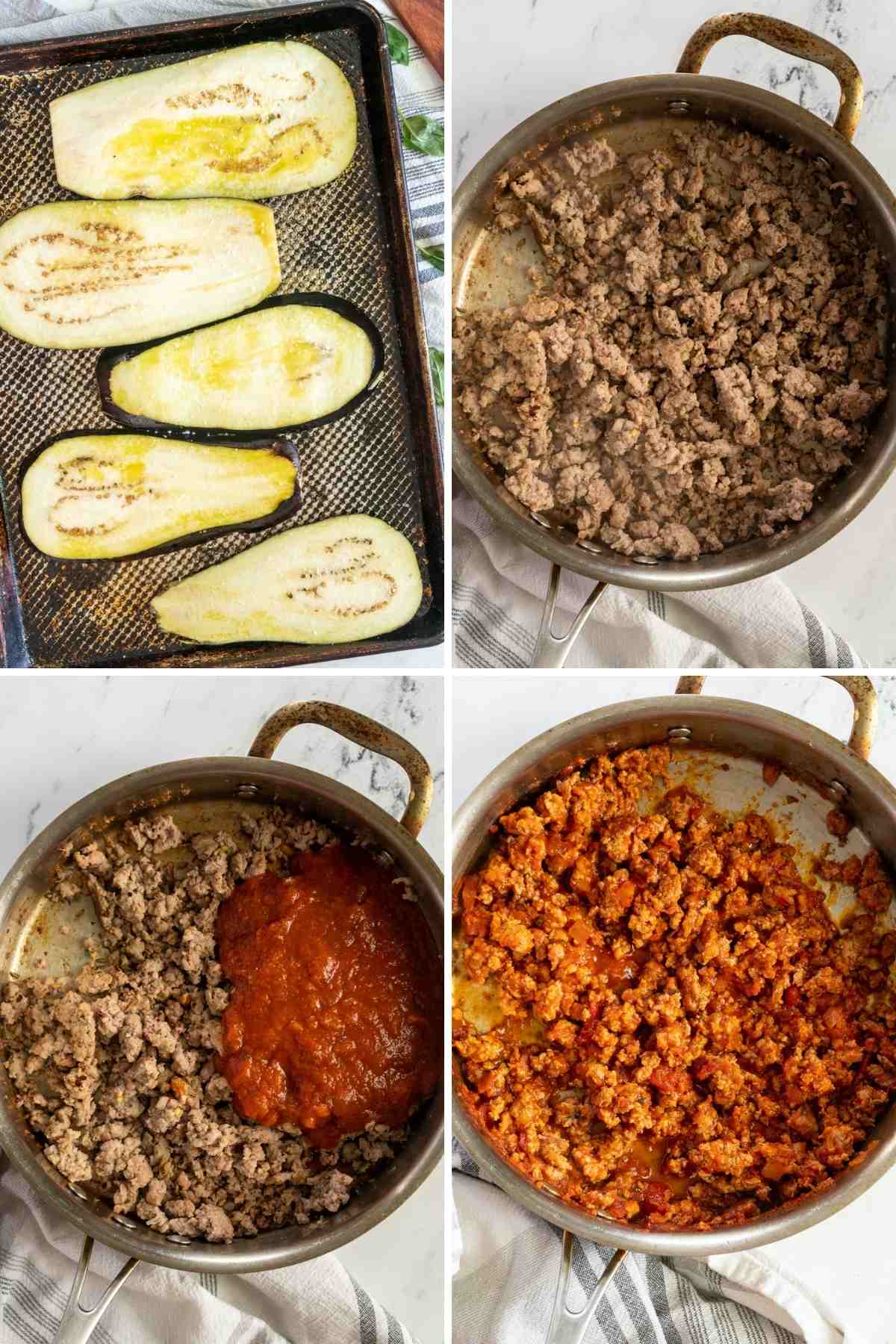 Making the meat filling in a large pan. 