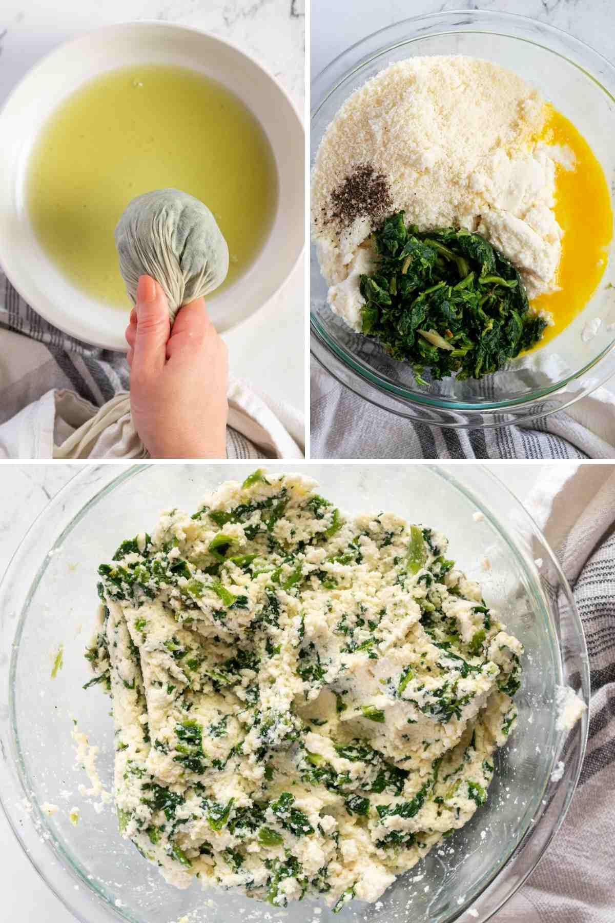 Squeezing the spinach dry in a dish cloth and assembling the filling. 