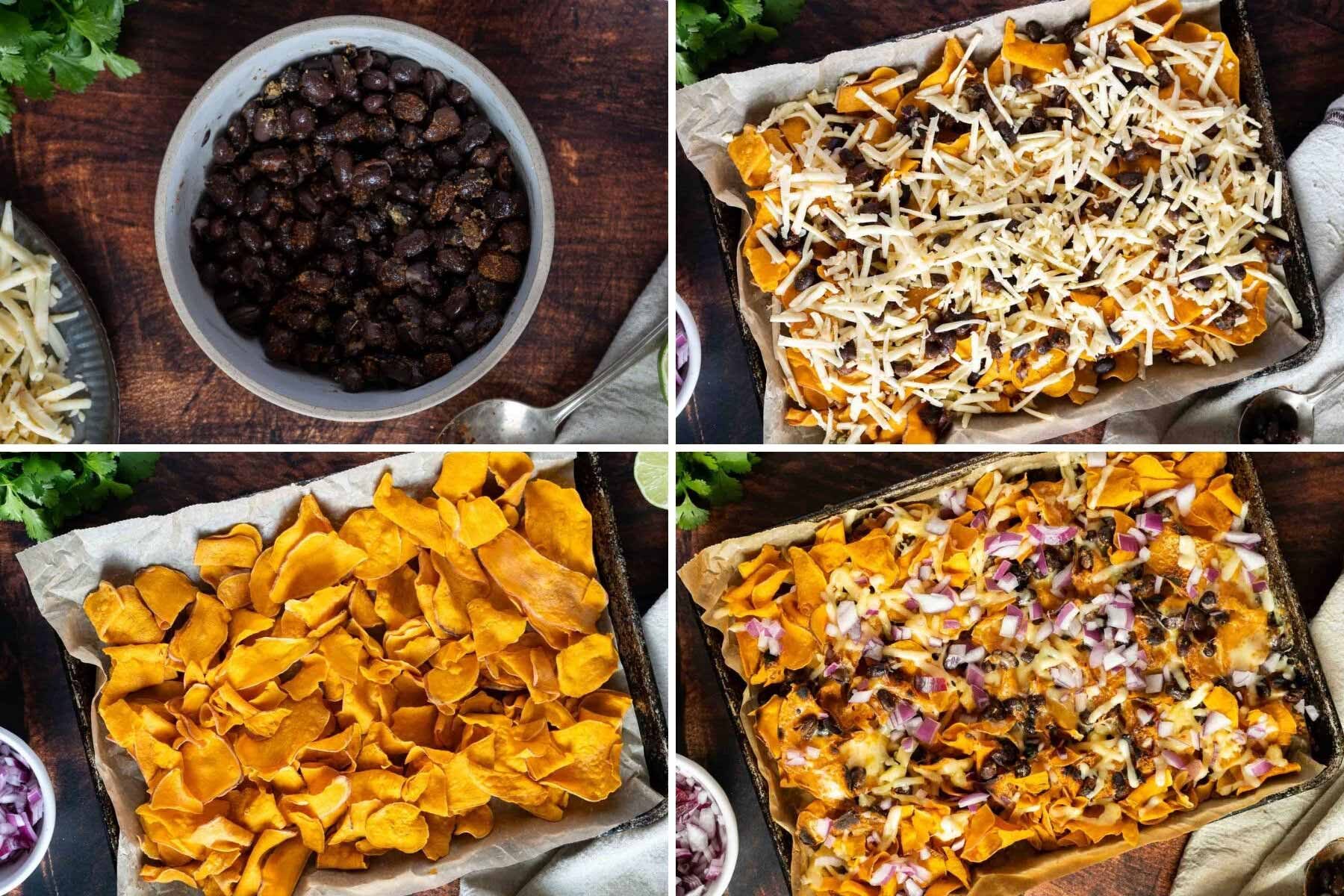 Layering sweet potatoes and layering on the toppings.