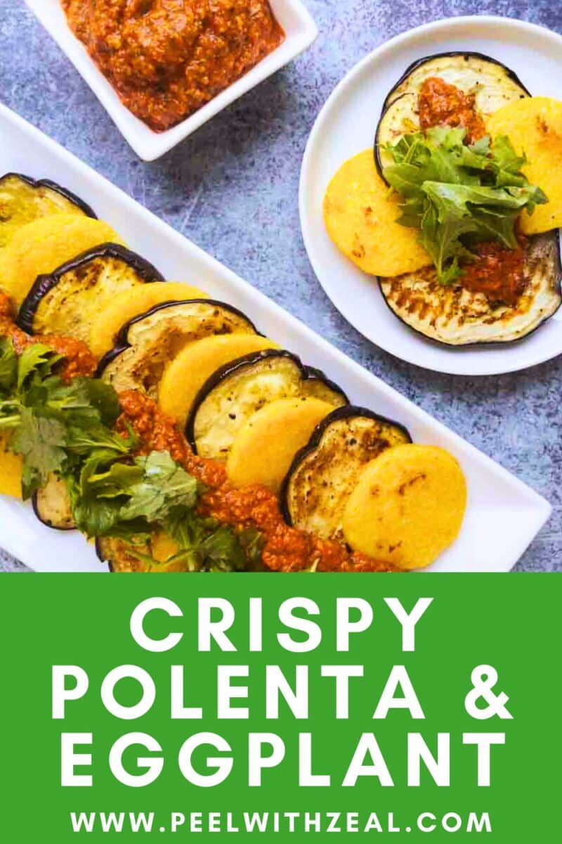 Fried polenta with eggplant on a plate.