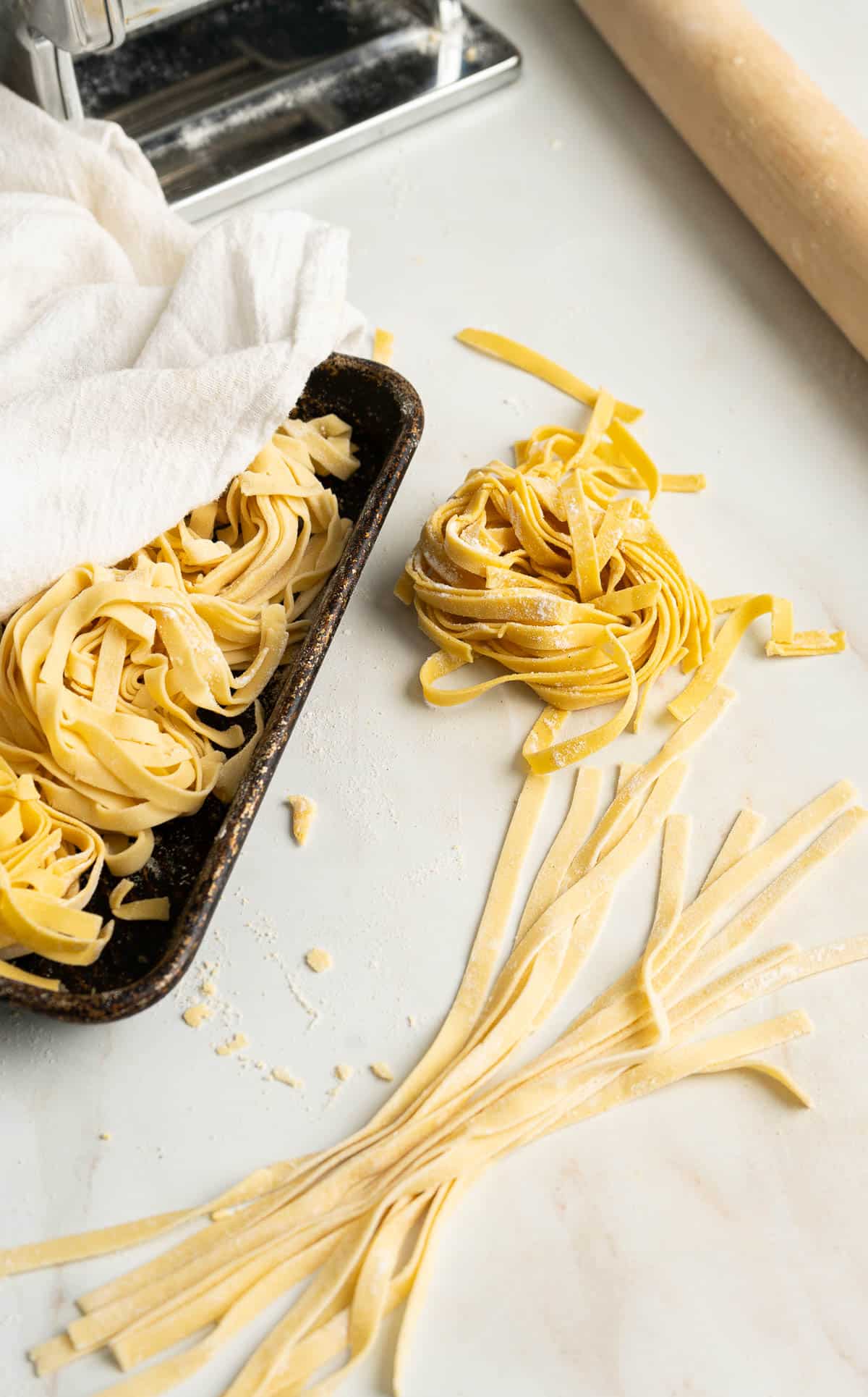 Gluten-free pasta on top of the countertop.