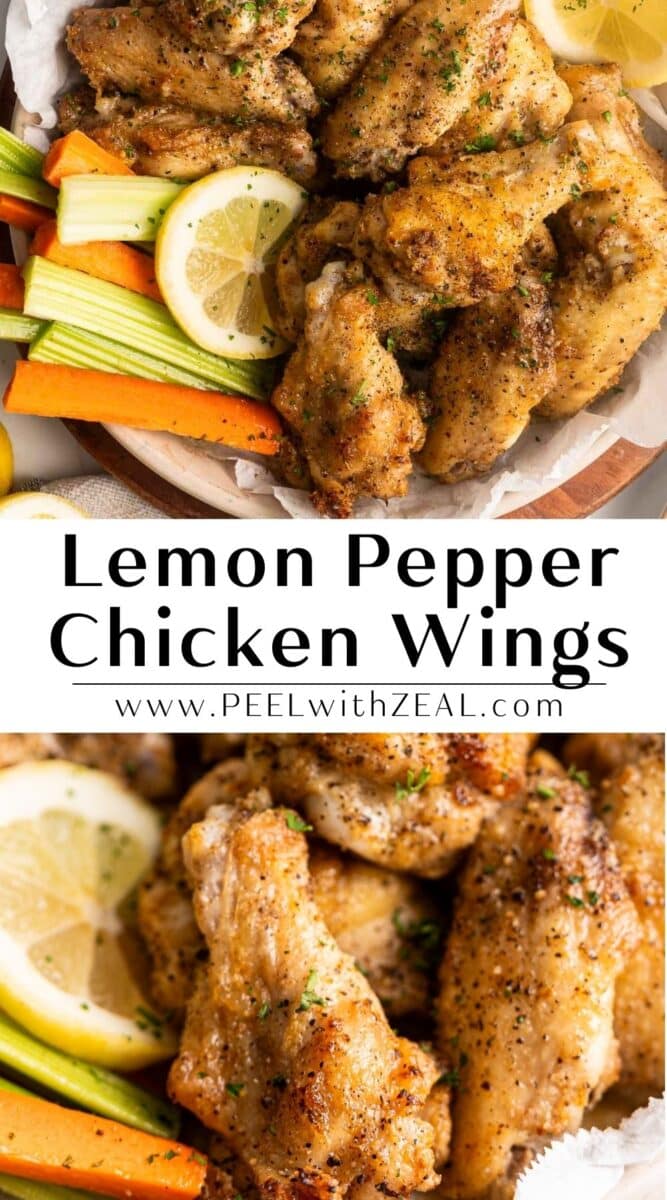 In the collage, a close-up of lemon pepper chicken wings with garnishes is at the top, while below, a semi-close view of the wings is shown with similar garnishes.⁣