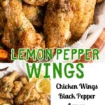 The top image showcases a close-up of lemon pepper chicken wings, while below, a complete display features minced parsley, lemon slices, parsley sprigs, and carrot batons; the right image provides a detailed description.⁣ ⁣⁣