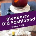 Featuring a glass of Blueberry Old Fashioned adorned with blueberries, ice, and lemon, accompanied by essential ingredients displayed on the countertop, a bowl of fresh blueberries, bottles of Angostura aromatic bitters, whiskey, blueberry syrup, and fresh lemon fruit.