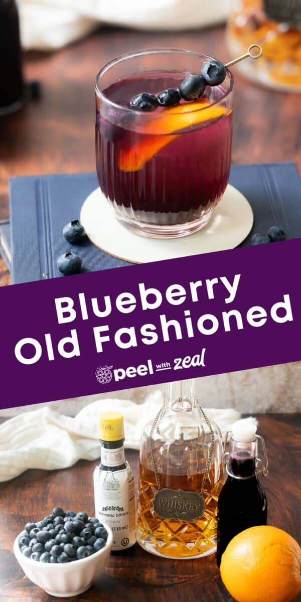 Featuring a glass of Blueberry Old Fashioned adorned with blueberries, ice, and lemon, accompanied by essential ingredients displayed on the countertop, a bowl of fresh blueberries, bottles of Angostura aromatic bitters, whiskey, blueberry syrup, and fresh lemon fruit.