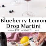 A blueberry martini with blueberries on fruit skewers partially dipped in the drink, along with a lemon slice on the rim. Below this, another martini glass is being rimmed with salt.