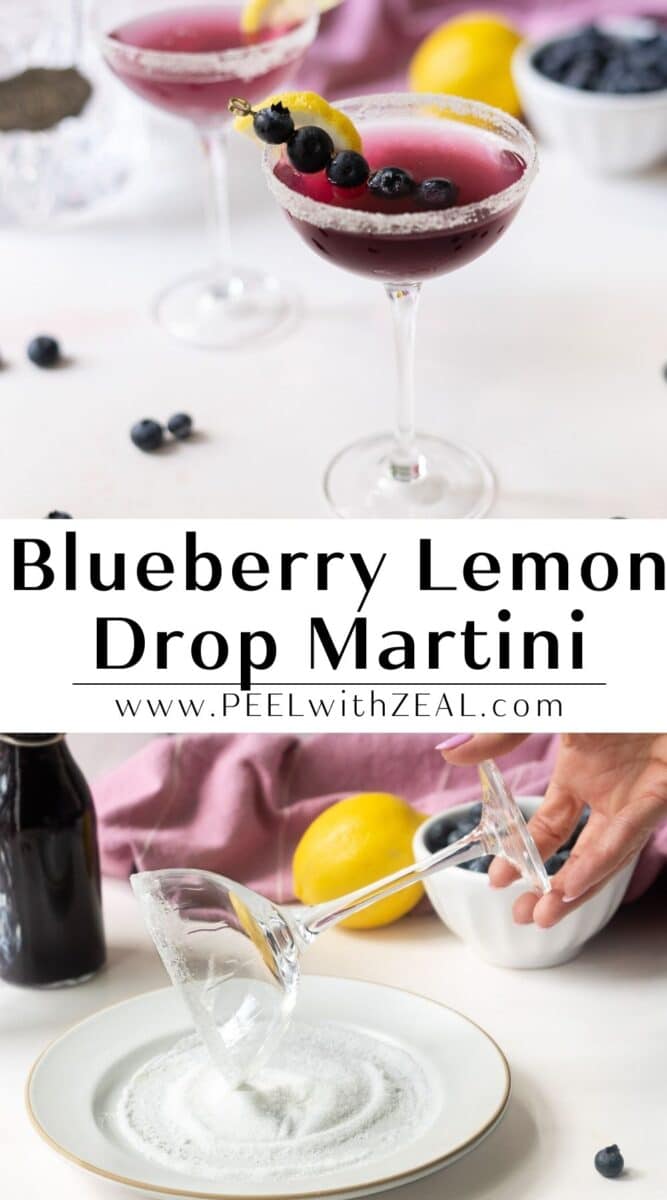 A blueberry martini with blueberries on fruit skewers partially dipped in the drink, along with a lemon slice on the rim. Below this, another martini glass is being rimmed with salt.