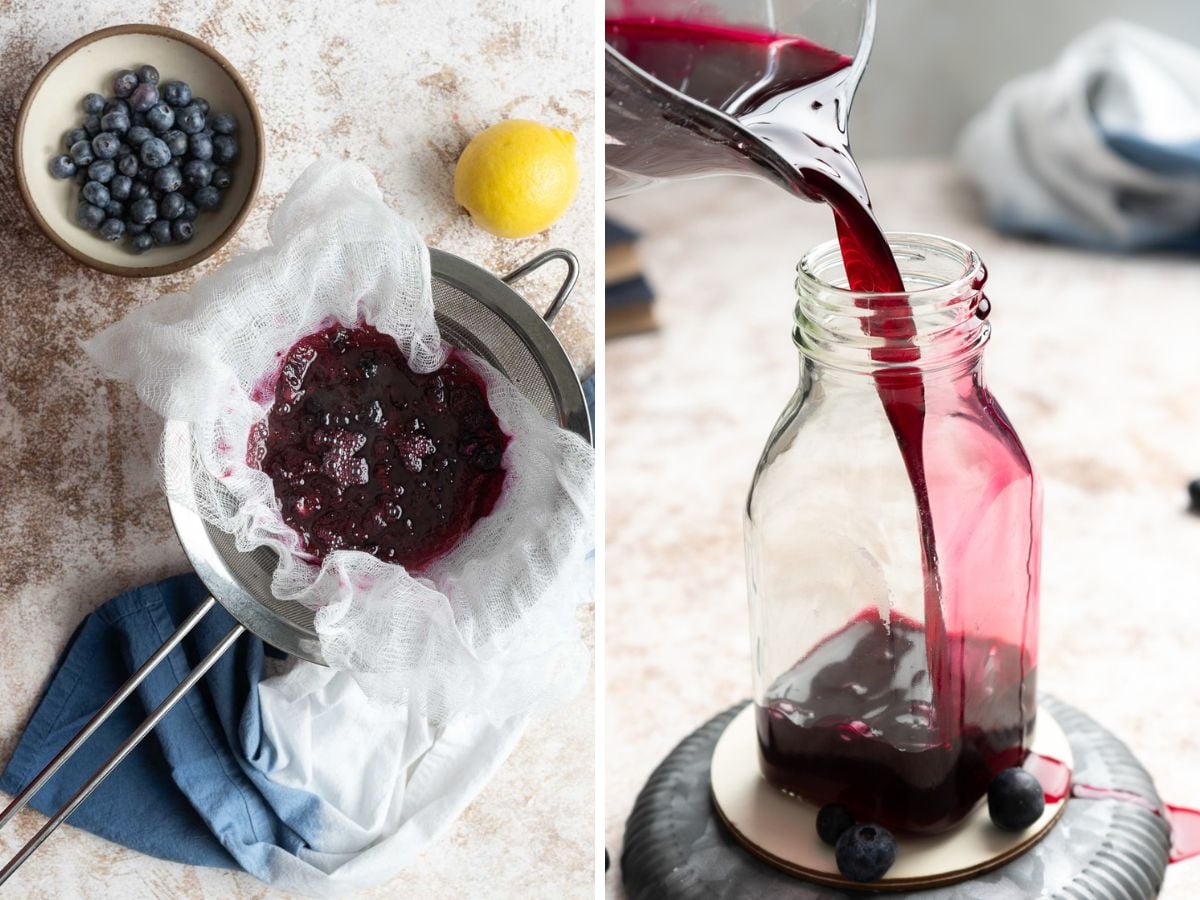 Left: Blueberries being strained through cheesecloth in a metal sieve. Right: Dark purple blueberry mimosa liquid being poured from a pitcher into a glass bottle, with blueberries and a lemon nearby.