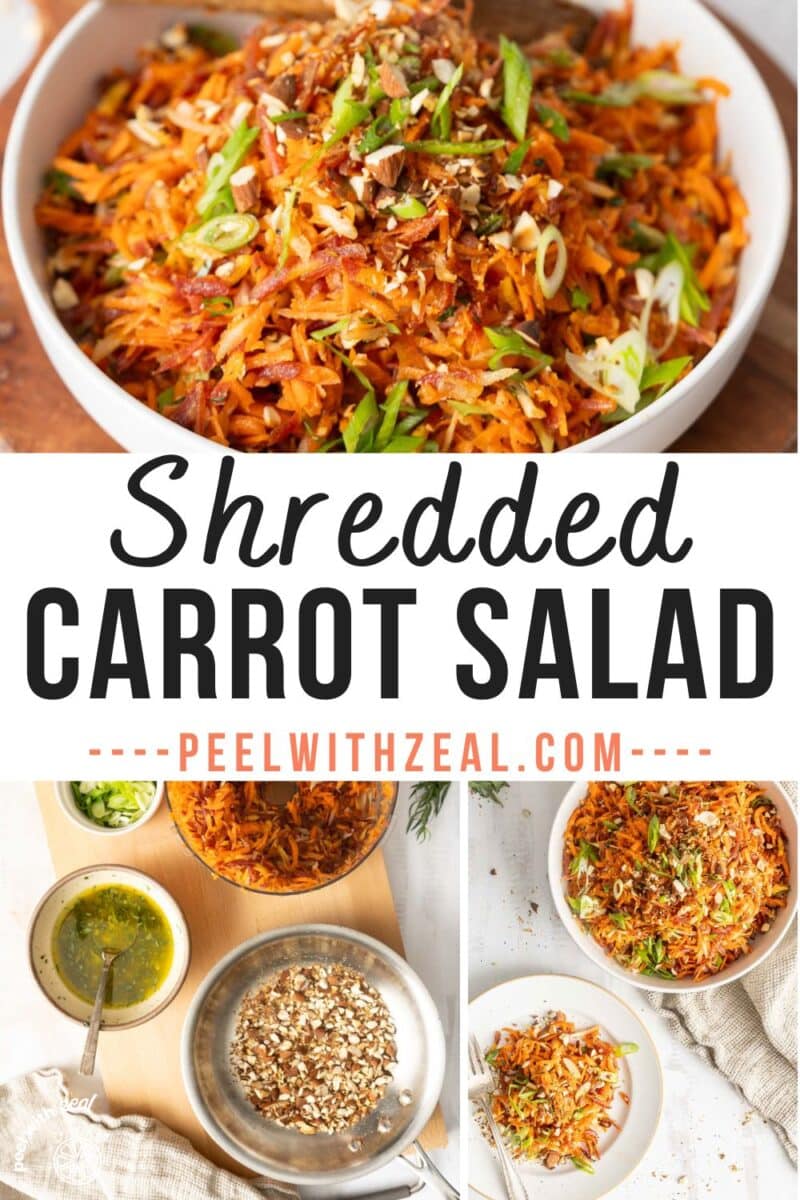 French carrot salad is presented in a bowl on a wooden tray along with other bowls of mixed ingredients.