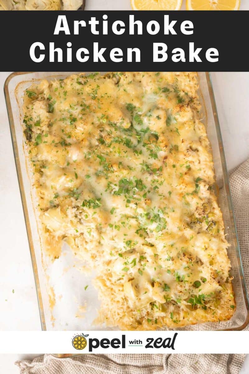 ⁣⁣Artichoke chicken casserole in a baking dish. ⁣ ⁣
