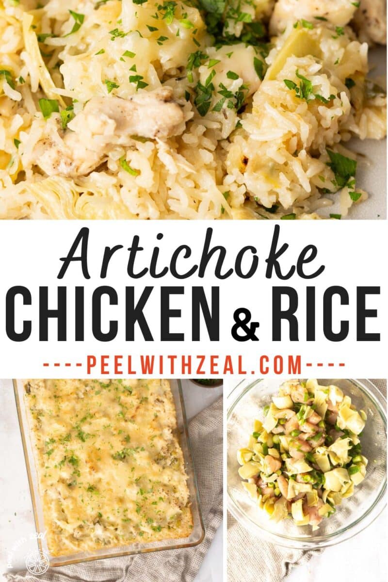 Artichoke chicken casserole in a baking dish, with a bowl of mixed ingredients and a portion served on a plate.