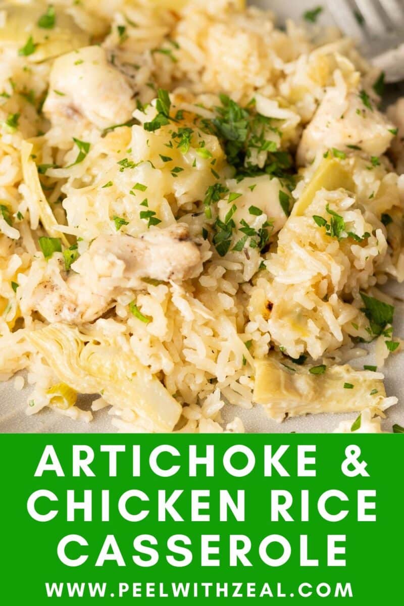 A portion of artichoke chicken casserole served on a plate.
