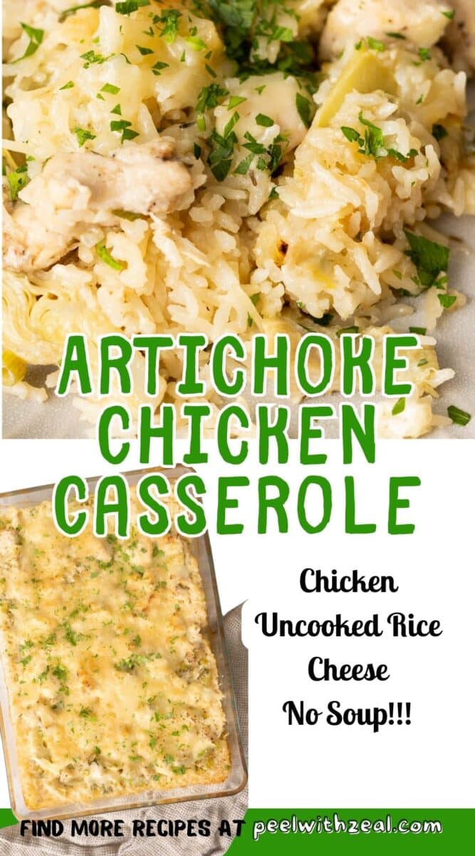 Artichoke chicken casserole in a baking dish.