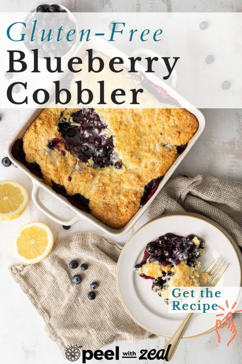 Blueberry cobbler in a baking dish, with a slice served on a plate, topped with vanilla ice cream.
