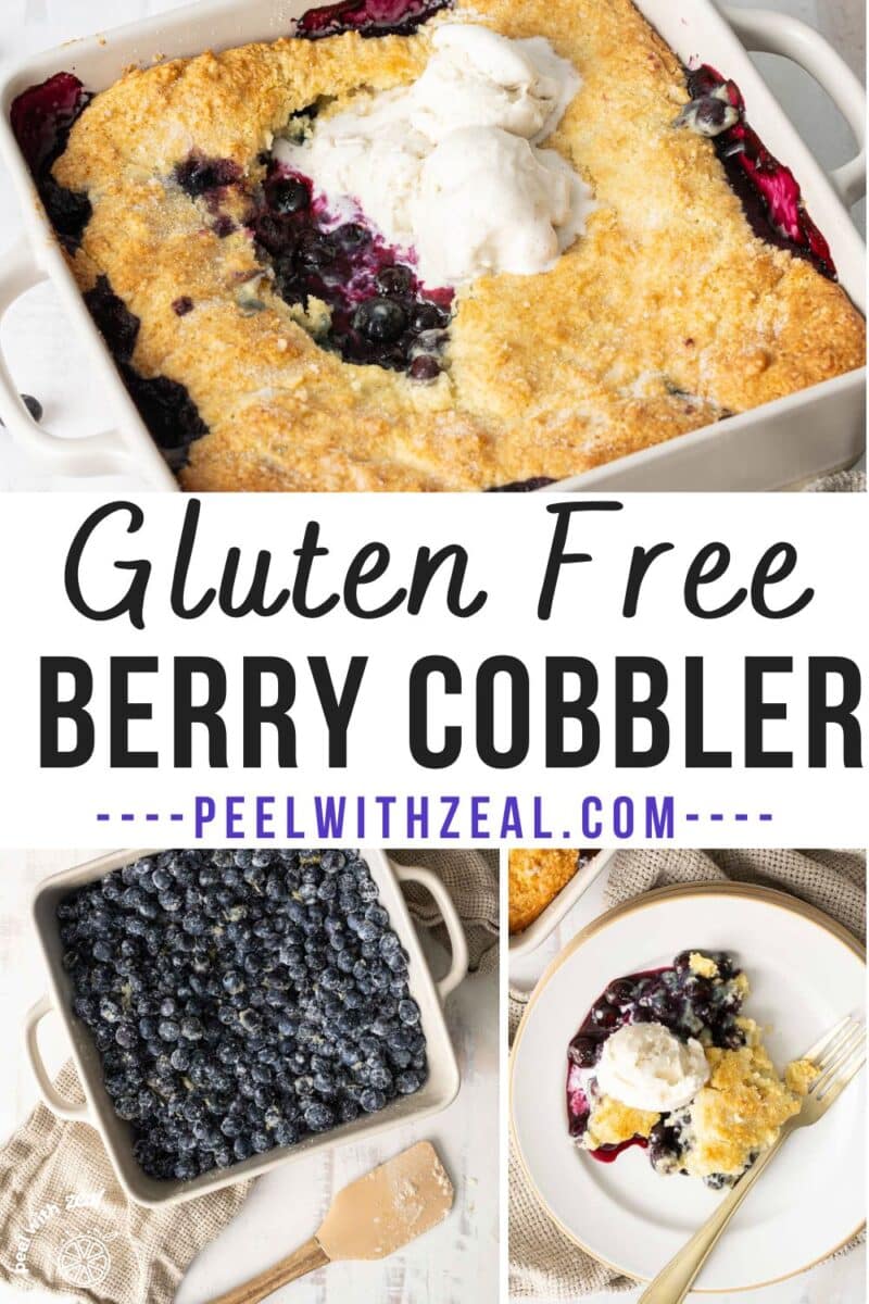 Blueberry cobbler in a baking dish, with a slice served on a plate, topped with vanilla ice cream.