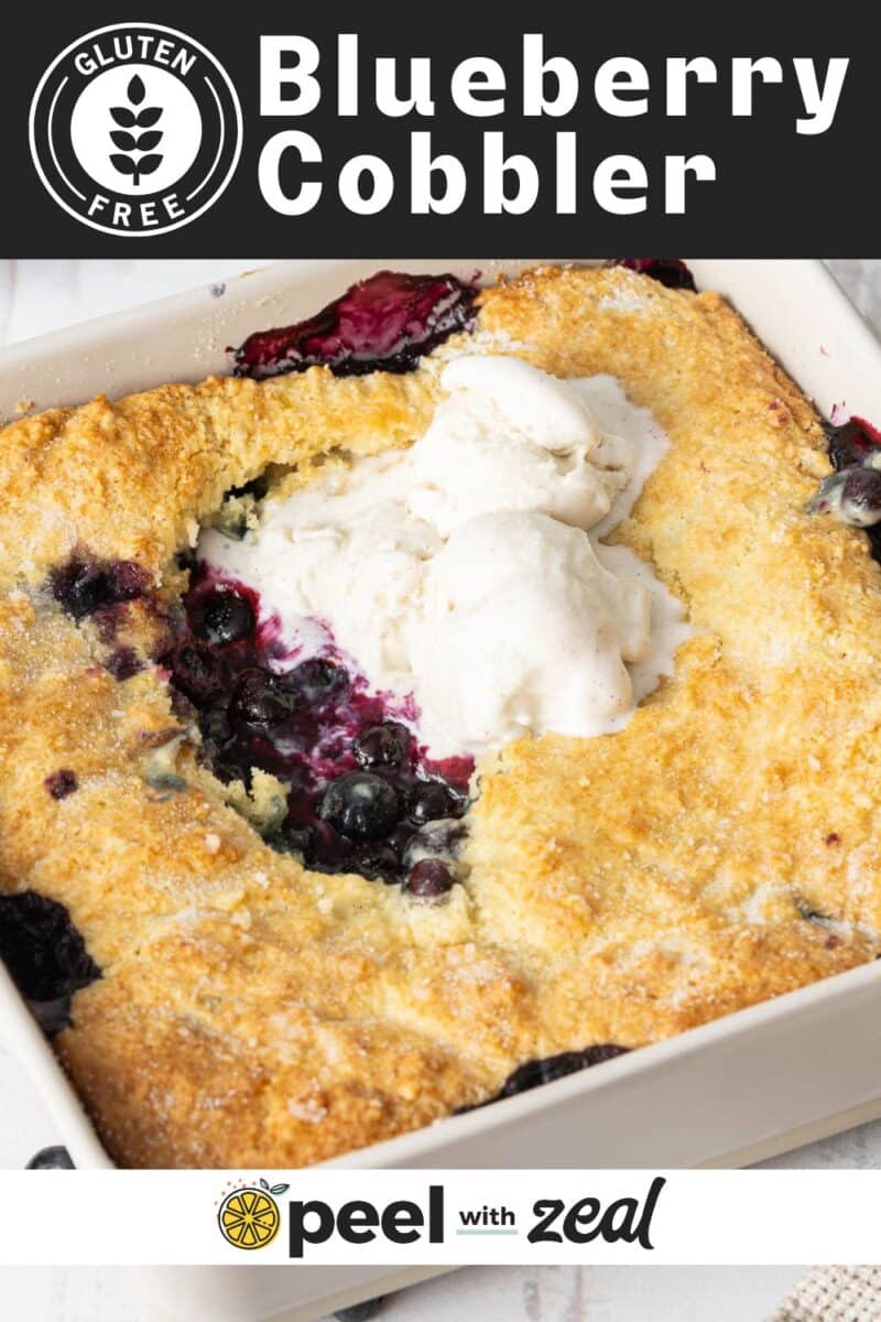 Blueberry cobbler with a golden crust, topped with creamy vanilla ice cream.