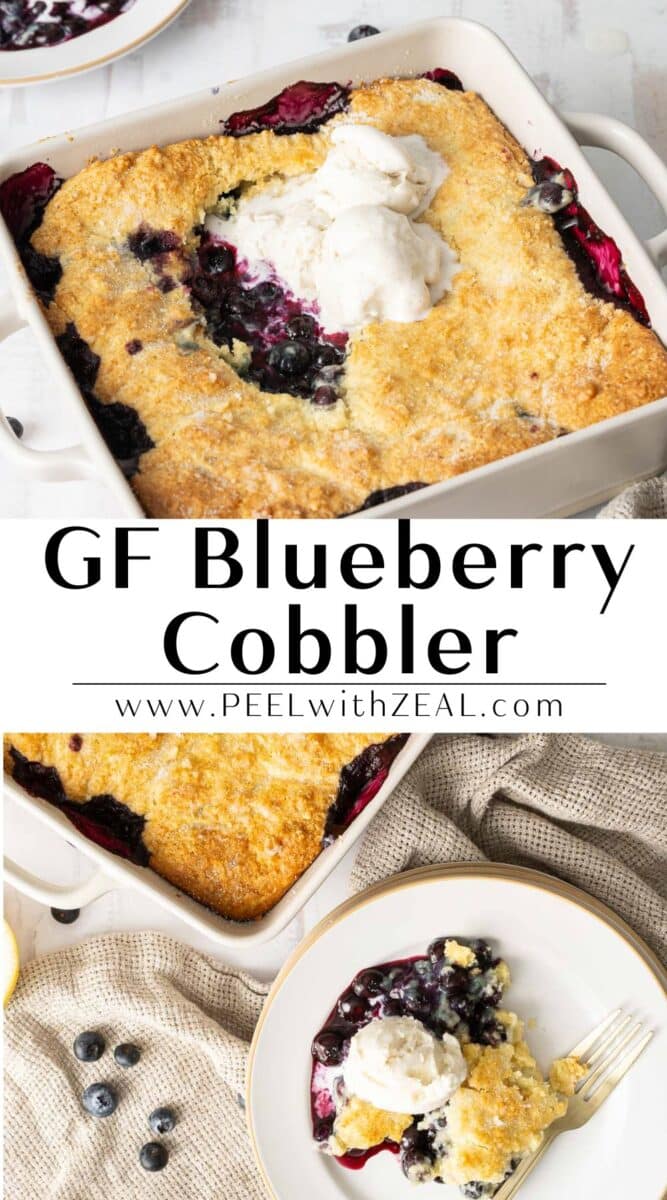 Blueberry cobbler served in a baking dish with vanilla ice cream, and a slice plated.⁣⁣⁣⁣⁣⁣