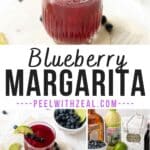 A glass of blueberry margarita garnished with a lime slice and blueberries on a fruit pick.⁣⁣ below this image are the ingredients for the blueberry margarita drink neatly arranged on the countertop.