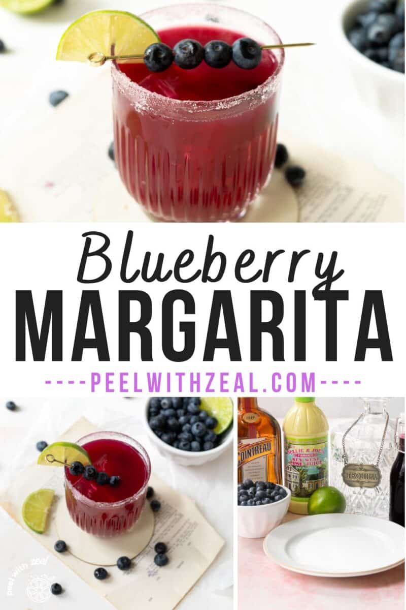 A glass of blueberry margarita garnished with a lime slice and blueberries on a fruit pick.⁣⁣ below this image are the ingredients for the blueberry margarita drink neatly arranged on the countertop.