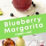 A blueberry margarita in a glass with fresh blueberries on its rim, accompanied by a lime slice, and below this are the ingredients for blueberry margarita.